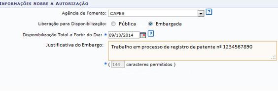 Conforme mostrado na Figura 8, para assinar eletronicamente o termo de autorização o discente deve concordar com o texto de autorização, informar a agência de formento (instituição que patrocinou o