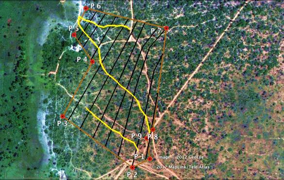 O polígono contorna a área a ser protegida; voçorocas dento da área estão traçadas em amarelo e na