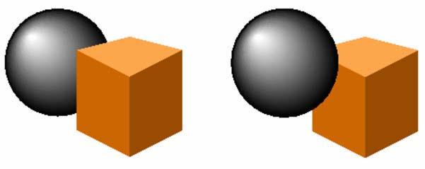 3 (b), pode-se observar as verdadeiras formas dos objetos tridimensionais, esfera e cubo. (a) Figura 13.3 Efeito de iluminação: a) sem iluminação e b) com iluminação.