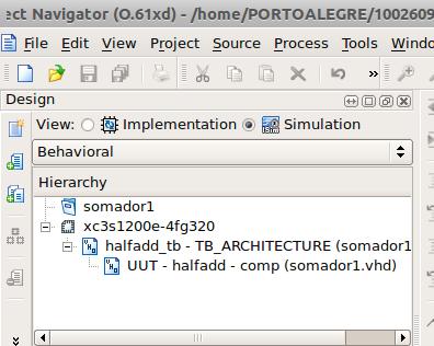 Usando o Simulador do ISE da Xilinx Note na janela anterior que o ambiente detectou corretamente os arquivos como sendo: um a ser usado apenas em simulação (o testbench, classificado como Simulation)