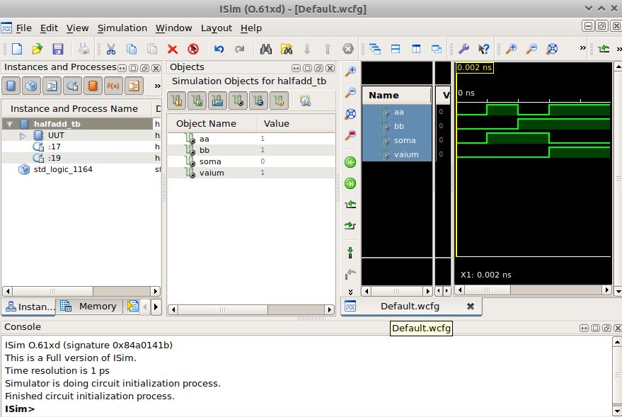 Usando o Simulador do ISE da Xilinx 14. Para simular, basta fechar a janela Process Properties clicando em OK e dar um duplo clique na opção Simulate Behavioral Model da janela Processes.