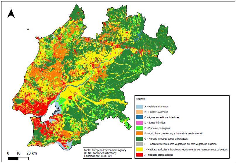 B - Habitats Costeiros C - Águas superficiais interiores D - Zonas Húmidas E - Prados e Pastagens F - Agricultura com espaços naturais e semi-naturais G - Floresta e outras terras arborizadas H -