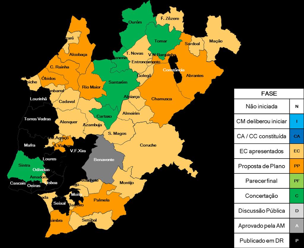 EXECUÇÃO DOS PROT E DINÂMICAS E PLANEAMENTO REOT LVT 2017 Figura 58 - Ponto de situação dos processos de revisão dos PDM na RLVT em outubro2017 25 Elaboração e Apreciação NUTS III Nº.