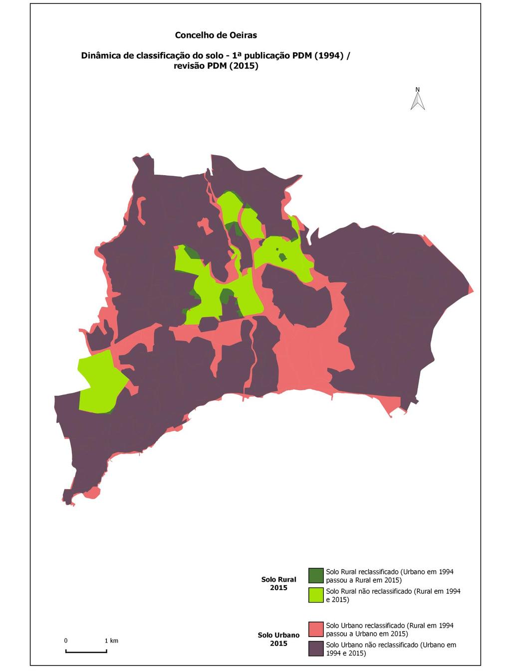 OCUPAÇÃO E USO DO SOLO REOT LVT 2017 Figura 13 - Dinâmica da classificação do solo no concelho de Oeiras - 1ª publicação do PDM (1994) /revisão do