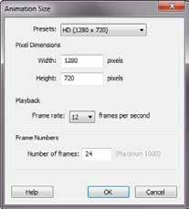 CRIANDO UM FLIPBOOK A caixa de diálogo Tamanho da animação exibida contém as seguintes opções para configurar os parâmetros de seu FlipBook: Predefinições Defina a proporção do arquivo.