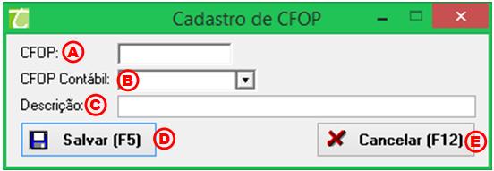 3. CFOP Contábil: Exibe o CFOP Contábil; 4. Descrição: Mostra a descrição do CFOP; 5. Incluir (F6): Permite adicionar uma nova CFOP; 6. Alterar (F7): Possibilita modificar o cadastro de uma CFOP; 7.
