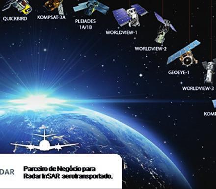 espacial, com várias faixas de cobertura de terreno, isso com resoluções de 31 centímetros a 22 metros, e três satélites com capacidade de sensoriamento por radar SAR com resoluções de 25 cm a