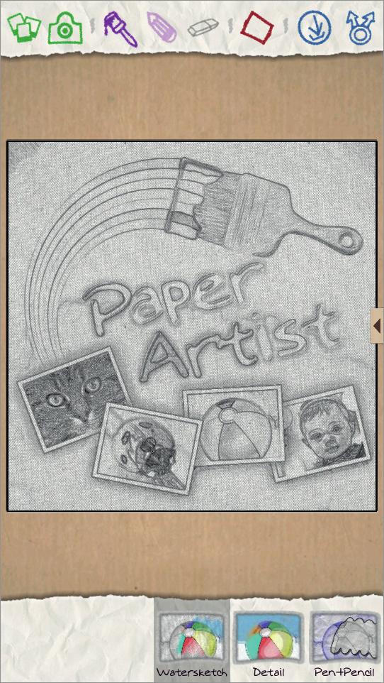 Mídia Paper Artist Use essa aplicação para fazer com que as imagens pareçam desenhos com efeitos divertidos ou molduras. Toque em Papel Artist na Tela de aplicações.