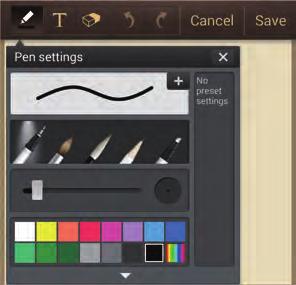 Utilidades Altera o tipo da caneta. Altera a espessura da caneta. Altera a cor da caneta. Salva a configuração atual como perfil de caneta. Exibe mais cores.