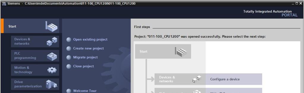 7.2 Leitura do hardware no SIMATIC S7-1200 fi Selecione no Portal fi "Start" fi "First steps" (Primeiros passos) fi"devices &