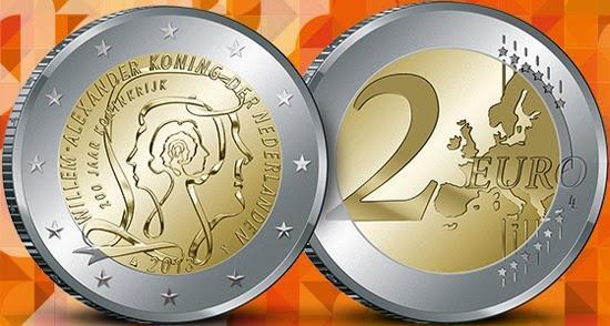 *HOLANDA- 2013, 200 anos do Reino da Holanda moeda de 2 EUR - composição anel externo: CuNi e