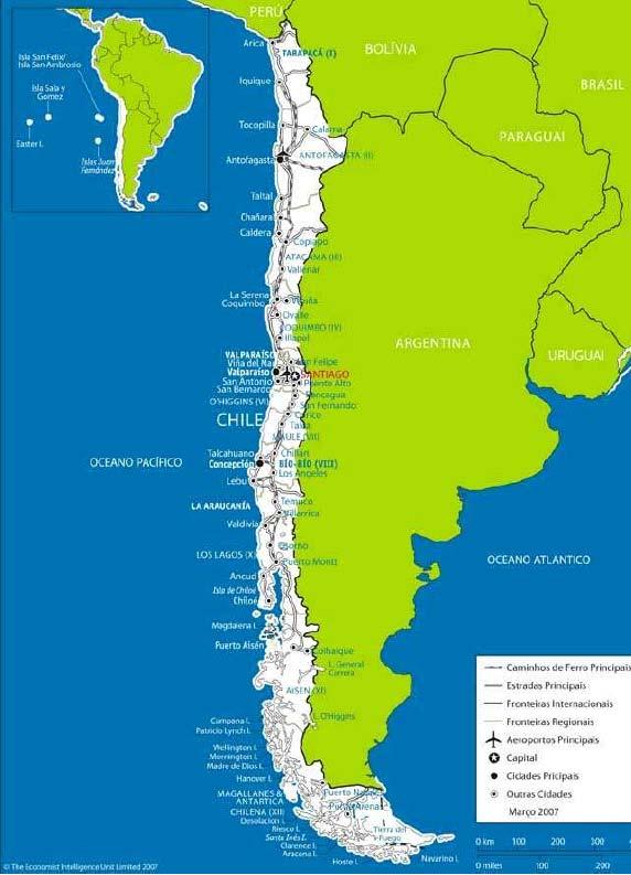 O Chile em Ficha Área: População: Densidade Populacional: Regiões/ Províncias/ Municípios: Capital: Outras cidades importantes: 756.