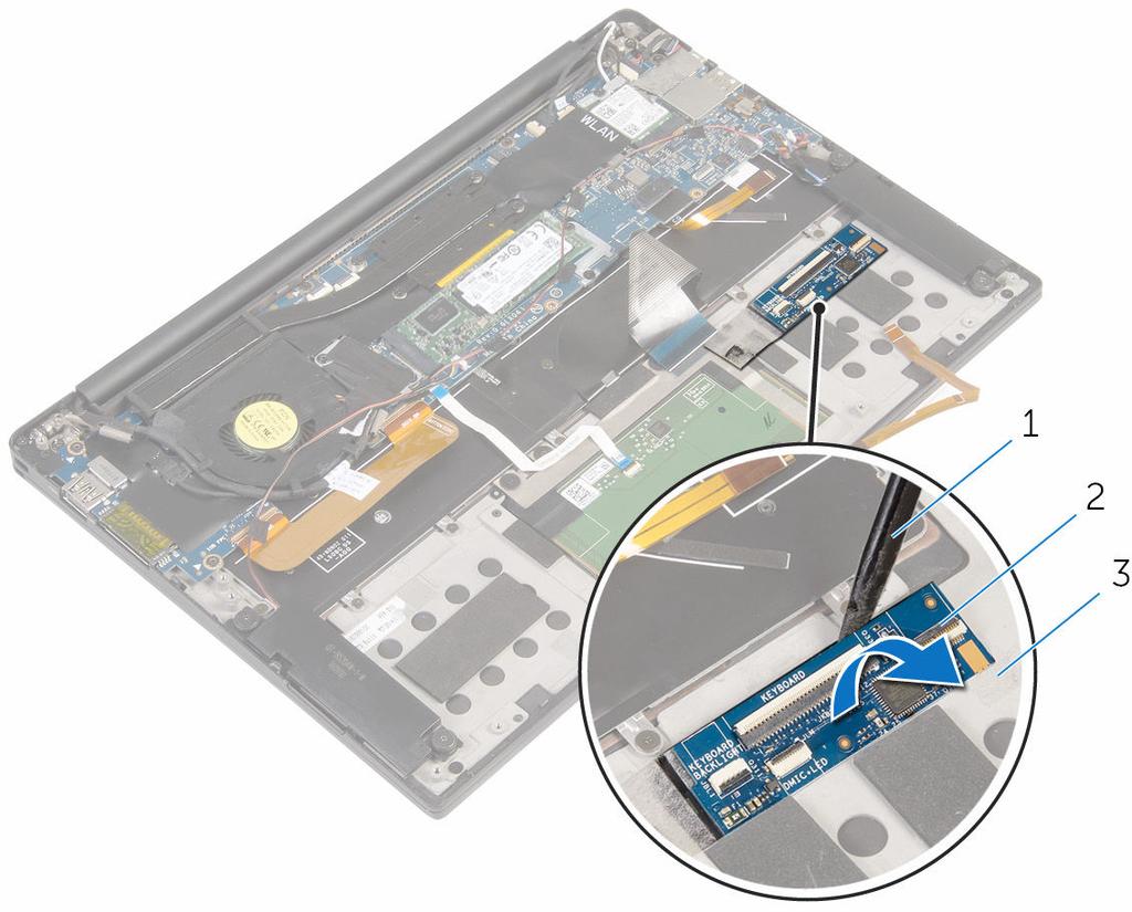 5 Com um instrumento de plástico pontiagudo, levante a placa de controlos do teclado e retire-a do conjunto do