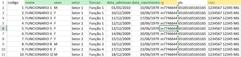 setor funcao data_admissao data_nascimento. O campo nome além de ser obrigatório, tem outro detalhe que exige atenção.