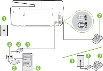 1 Tomada de telefone 2 Divisor paralelo 3 Filtro DSL/ADSL 4 Utilize o cabo de telefone fornecido para conectar-se à porta 1-LINE na parte posterior da impressora.