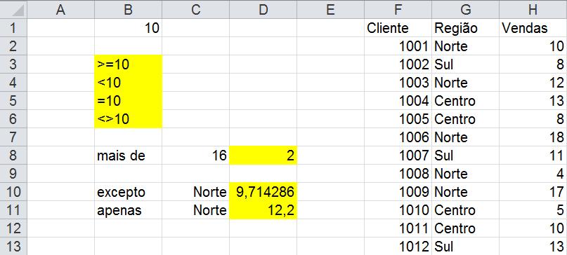 11 - SUMIF com texto 1. Preencha a célula B1 e insira na célula B3 a fórmula =">="&B1. Da mesma forma obtenha as variantes das células B4 a B6. 2. Na célula C8 é dado um valor.