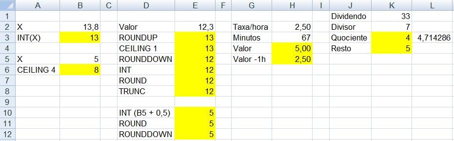 7 - Funções Inteiras 1. Insira na célula B3 a fórmula =INT(B2). Verifique o resultado para valores de B2: 13.3-13.5-13.8-14 2. Insira na célula B6 a fórmula =CEILING(B5;4).