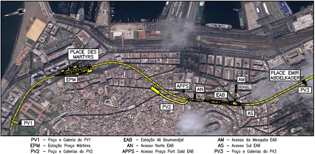 Metro d Alger: Ligne 1 Lot 1 Extension A Características Gerais do Projecto Extensão total de 1750m (em