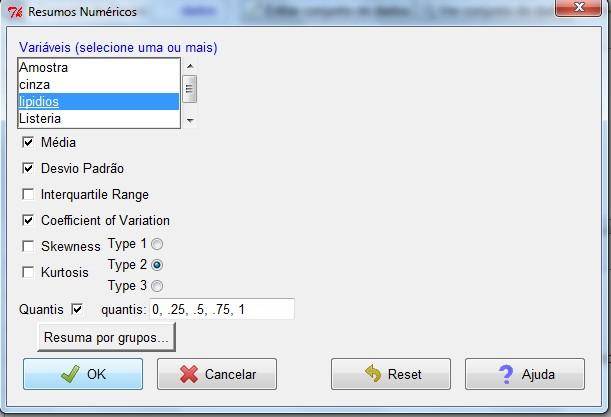 Resumo estatístico Na janela que se abre seleciona a variável e