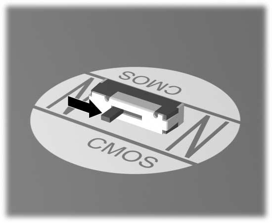 Segurança com Senha e Reinicialização da CMOS 4. Deslize a chave da CMOS na direção mostrada na ilustração abaixo e segure a chave durante cinco segundos depois que o LED de Espera se apagar.