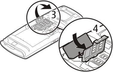 Certifique-se de que a área de contacto do cartão está virada para baixo e introduza o cartão SIM (4). Feche a tampa.