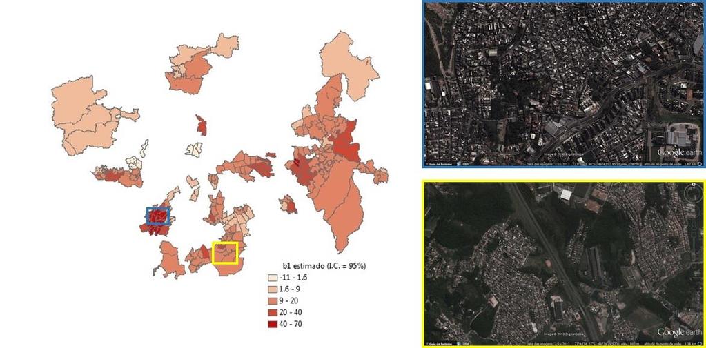 maior adensamento de ocupação urbana (poucas áreas abertas), e vice-versa, como mostra o exemplo da Figura 13.
