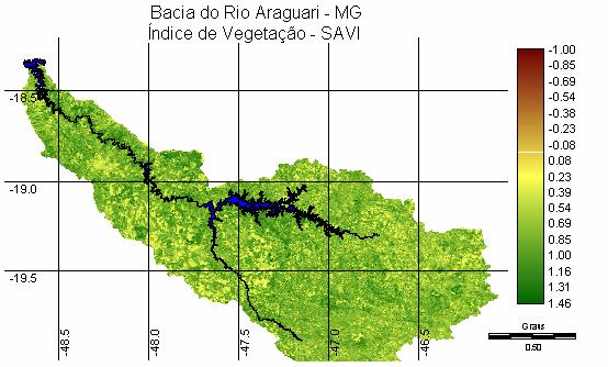 Ao comparar os dois índices é visível um realce maior do SAVI nas áreas em tons amarelados (representando pouca vegetação) fato decorrente da utilização do fator L = 0.