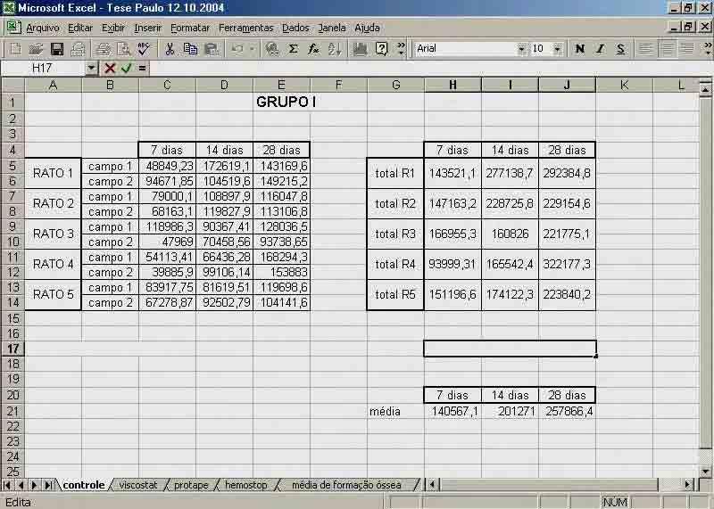 FIGURA 19 Tabela do Excel contendo os