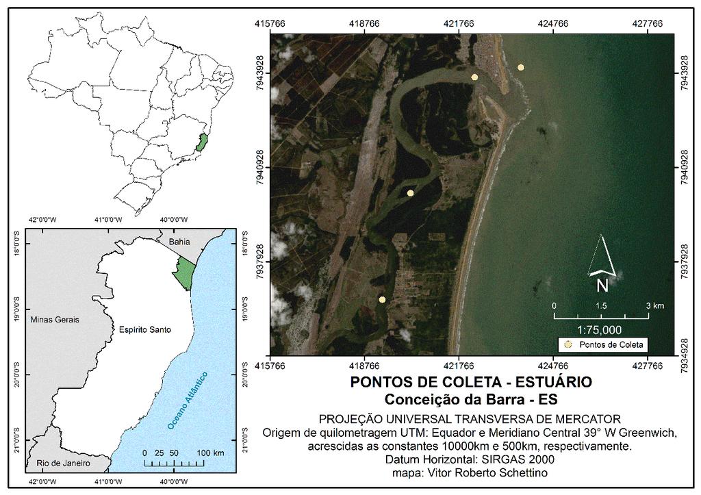 6 Figura 1: Estuário do rio São Mateus, localizado em Conceição da Barra, costa norte do Espírito Santo, Sudeste do Brasil (à esquerda).