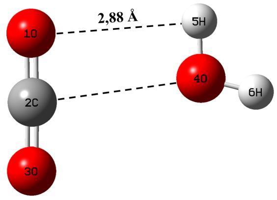 Na estrutura assimétrica a ligação 5H 4O, da molécula de água, tende a se alinhar com a ligação 1O 2C, do dióxido de carbono, onde o ângulo 1O-5H-4O é de 87,3.