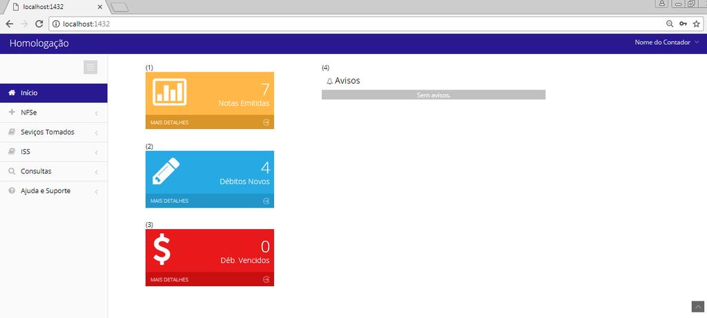 6 Apresentação da Tela Inicial A tela inicial Dashboard apresenta: (1) Número de notas emitidas por seus clientes no sistema - Número total de notas emitidas no sistema, mesmo as canceladas.