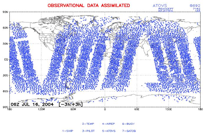 do arquivo recebido do GTS e do NESDIS, e serem incorporadas no sistema de assimilação global GPSAS, conforme figura 2. Figura 1- Dados ATOVS recebidos do NESDIS. a) 16/07/2004 06 GMT. b) 18 GMT.