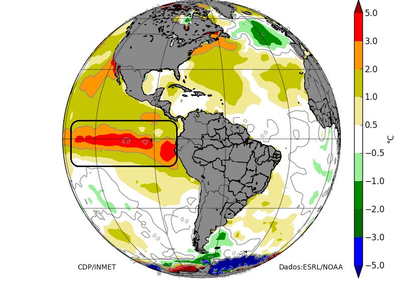 11.2. Condições oceânicas recentes e tendência 3 Dados da agência americana NOAA (National Oceanic and Atmospheric Administration) sobre os desvios de temperatura da superfície do mar (TSM) indicam