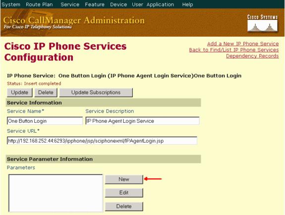 login, respectivamente. 8. Clique em New, conforme mostrado na Figura 4.Figura 4: Cisco IP Phone Services Configuration 9.