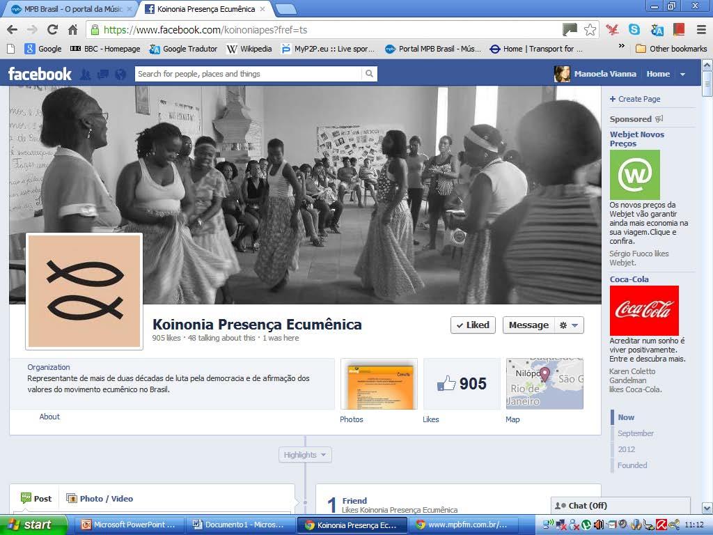 Comunicação & Documentação em números A Fã page de KOINONIA no Facebook tem 908 fãs O Portal Ecumênico tem 1916 amigos no Facebook: -Em