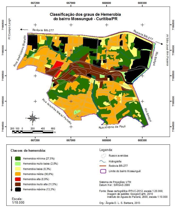 Figura 5: Classificação de hemerobia do bairro Mossunguê. - Paisagem com hemerobia mínima (27,5%): representada pela classe de vegetação arbórea (classe 3.