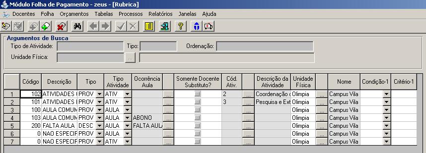 A7. RUBRICA Tabela Rubrica Nesta tela serão configurados no sistema os mesmos códigos que são utilizados pela folha de pagamento.