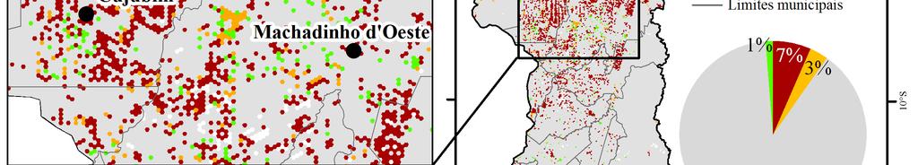 Do centro para o sul da bacia do rio Machado, a dinâmica de mudança do uso e cobertura da terra entre os anos estudados ocorreu com uma magnitude mais baixa e mais pulverizada.