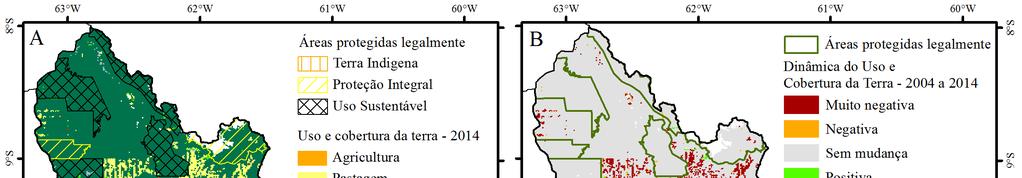 Figura 5. Localização das áreas protegidas legalmente sobrepostas ao mapa de uso e cobertura da terra de 2014 (A) e à espacialização da dinâmica (B) na bacia do Rio Machado. 4.