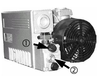 Montagem e conexão da unidade Encher a bomba de vácuo no FAM 45E Remova o parafuso de fixação para o plugue na chave de nível (1). Retire o plugue (2) para a chave de nível.