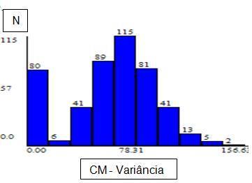 (a) (b) Figura 4. (a) Mapa de variância e histograma das simulações da variável CM por DSS e (b) mapa de variância e histograma das imagens simuladas da variável CM por CoDSS_CCG.