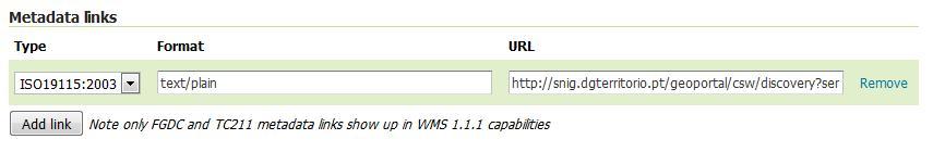 GeoServer Layer - link para os metadados do CDG Pedido GetRecordByID a CSW: http://snig.dgterritorio.pt/geoportal/csw/discovery?