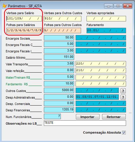 Esta tela possui todas as configurações necessárias para processar seu LB. Uma vez configurada, todo o calculo é automático. Veja o circulo vermelho.