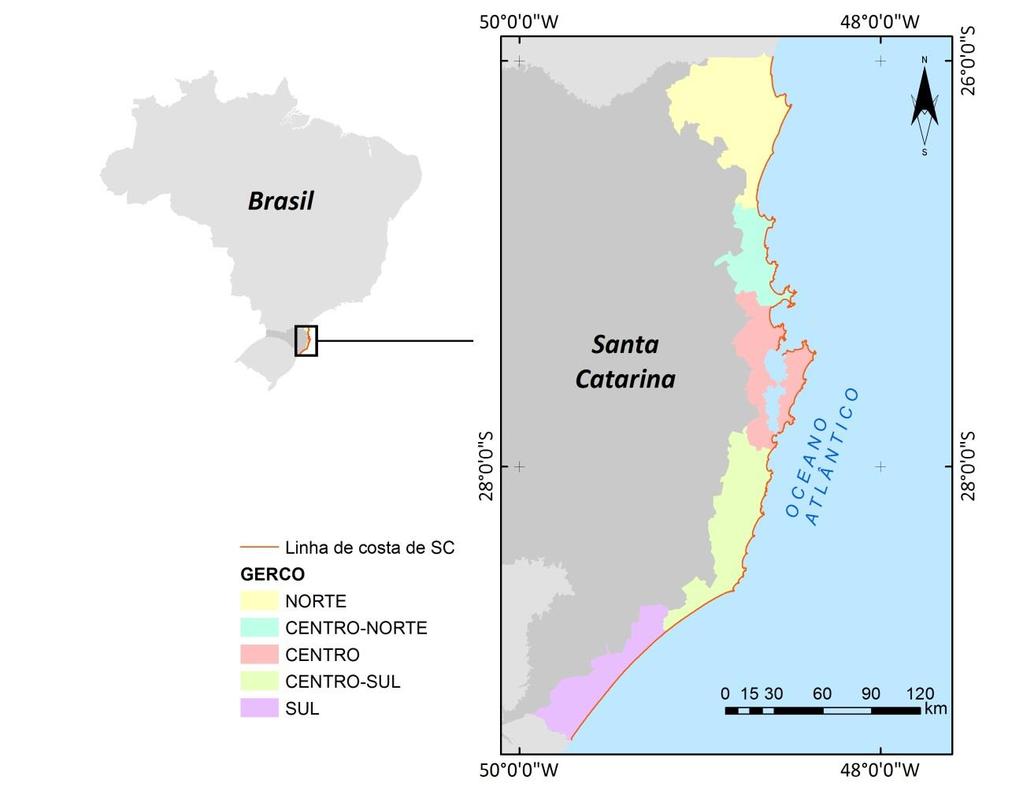 17 4. ÁREA DE ESTUDO Inserida na zona costeira do Estado de Santa Catarina, região sul do Brasil, a orla catarinense é delimitada pelos paralelos 25º57 41 S e 29º23 55 S e se situa próxima ao