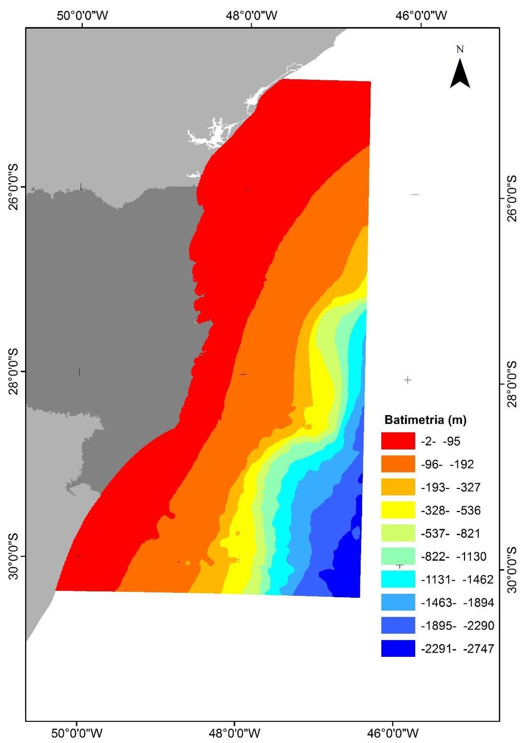 30 Figura 5 Superfície batimétrica interpolada na área de domínio. 5.3.2.3. Definição dos limites de contorno A modelagem considerou a linha de costa como