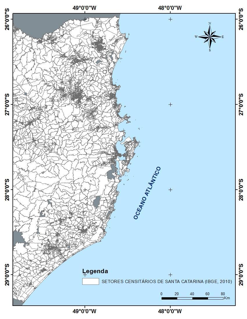 37 A malha de polígonos dos setores censitários de 2010 (Figura 7) foi utilizada como base para as operações realizadas em ambiente SIG através do isolamento dos setores fronteiriços com o mar.