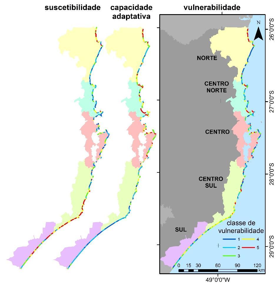 62 Figura 14 Espacialização dos modelos de suscetibilidade, capacidade adaptativa e vulnerabilidade. 6.4.1.1. Litoral norte O setor norte é caracterizado por baixos números de residentes (graus 1 a 3), renda e domicílios de uso ocasional (ambos com predomínio dos graus 3 a 5).