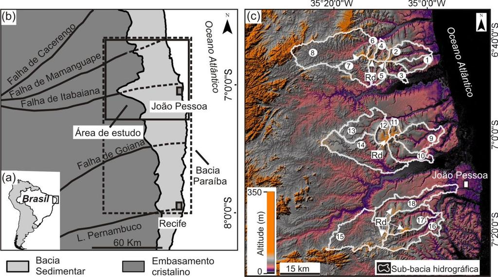 Figura 1. (a) Localização da área de estudo no nordeste brasileiro. (b) Contexto geológico e estrutural da porção emersa da Bacia Paraíba.