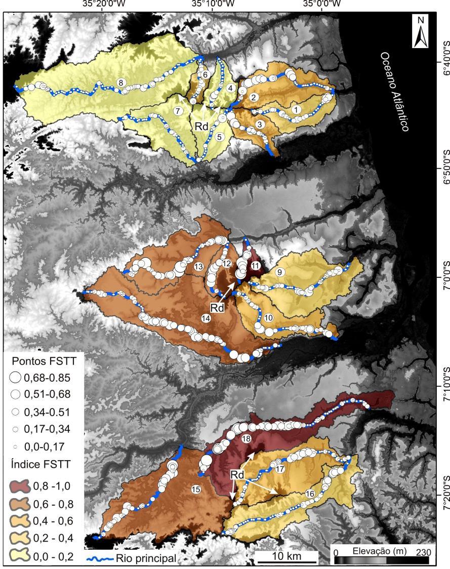 Os valores do índice FSTT em cada sub-bacia avaliada, bem como, a indicação dos valores pontuais de FSTT em cada segmento de drenagem analisado são ilustrados na Figura 4.