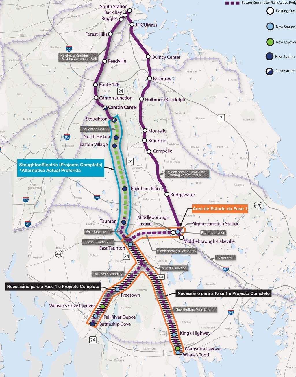 Mapa do Corredor da South Coast A Fase 1 irá ampliar a Linha Ferroviária Interurbana Middleborough/ Lakeville, com vista a proporcionar serviço de passageiros para Taunton, New Bedford e Fall River.